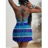 image:imageMakeMeChic Womens Striped Crochet Cover Up Mini Dress Lace Up Knit Beach Dresses SwimsuitBlue