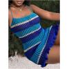 image:imageMakeMeChic Womens Striped Crochet Cover Up Mini Dress Lace Up Knit Beach Dresses SwimsuitBlue