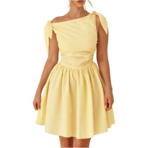 image:imageMakeMeChic Womens Asymmetrical Neck Dress Knot Ruched Sleeveless A Line Shirred Mini DressesYellow