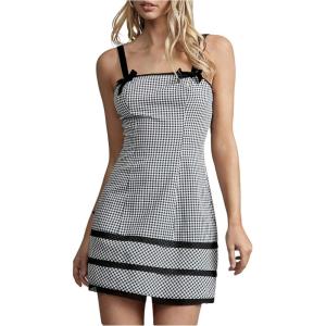 image:imageMakeMeChic Womens Fall Mini Dress Bow Gingham Dress Checkered Spaghetti Strap DressesRed and White