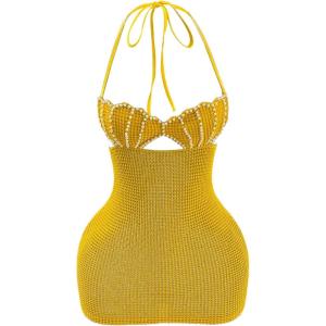 image:imageMakeMeChic Womens Pearls Halter Dress Tie Open Back Knit Bodycon Y2k Mini DressesYellow