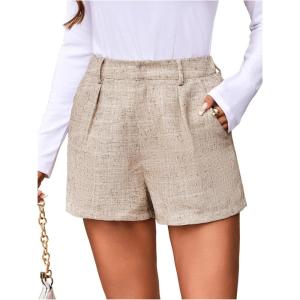 image:imageMakeMeChic Womens Elegant Plaid Shorts Dressy High Waisted Shorts Houndstooth Zipper Wide Leg Mini Shorts Work Casual ShortsApricot