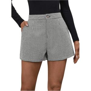 image:imageMakeMeChic Womens Elegant Plaid Shorts Dressy High Waisted Shorts Houndstooth Zipper Wide Leg Mini Shorts Work Casual ShortsBlack and White