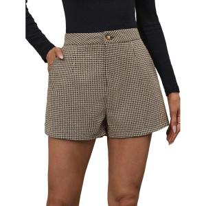 image:imageMakeMeChic Womens Elegant Plaid Shorts Dressy High Waisted Shorts Houndstooth Zipper Wide Leg Mini Shorts Work Casual ShortsBrown