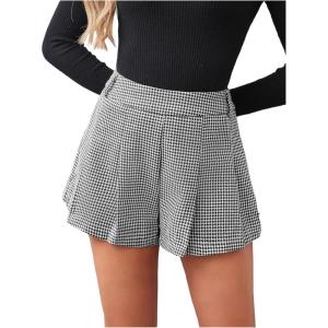 image:imageMakeMeChic Womens Houndstooth Plaid Shorts Pleated High Waisted Business Casual SkortsBlack and White