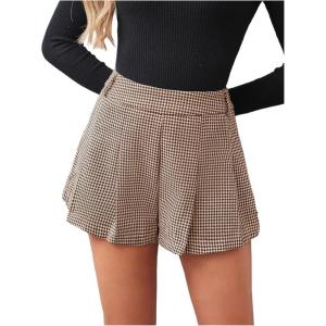 image:imageMakeMeChic Womens Houndstooth Plaid Shorts Pleated High Waisted Business Casual SkortsKhaki
