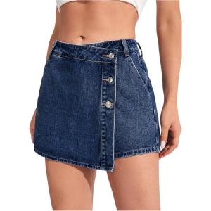 image:imageMakeMeChic Womens Wrap Button Front Denim Skort High Waisted Casual Jean SkortsDark Wash
