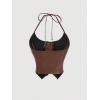 image:imageMakeMeChic Womens Western Fringe PU Leather Halter Corset Top Cowgirl Lace Up Tie Back Rave Festival TopsBrown
