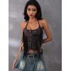 image:imageMakeMeChic Womens Western Fringe PU Leather Halter Corset Top Cowgirl Lace Up Tie Back Rave Festival TopsCoffee Brown