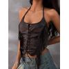 image:imageMakeMeChic Womens Western Fringe PU Leather Halter Corset Top Cowgirl Lace Up Tie Back Rave Festival TopsCoffee Brown