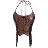 image:imageMakeMeChic Womens Western Fringe PU Leather Halter Corset Top Cowgirl Lace Up Tie Back Rave Festival TopsBrown