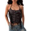 image:imageMakeMeChic Womens Western Fringe PU Leather Halter Corset Top Cowgirl Lace Up Tie Back Rave Festival TopsCoffee Brown