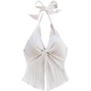 image:imageMakeMeChic Womens Backless Halter Top Twist Deep V Neck Sexy Cute Summer Tank TopWhite Solid