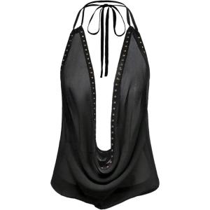 image:imageMakeMeChic Womens Going Out Cowl Neck Tops Rave Open Back Backless Top Sheer Mesh Halter TopBlack