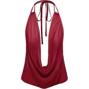 image:imageMakeMeChic Womens Going Out Cowl Neck Tops Rave Open Back Backless Top Sheer Mesh Halter TopRed