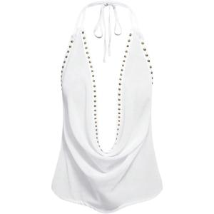image:imageMakeMeChic Womens Going Out Cowl Neck Tops Rave Open Back Backless Top Sheer Mesh Halter TopWhite