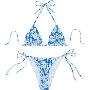 image:imageMakeMeChic Womens Polka Dots Triangle Thong Bikini Sets Floral Cute Bathing Suit SwimsuitsBlueWhite