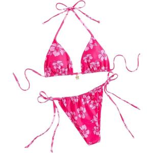 image:imageMakeMeChic Womens Polka Dots Triangle Thong Bikini Sets Floral Cute Bathing Suit SwimsuitsFlower Hot Pink
