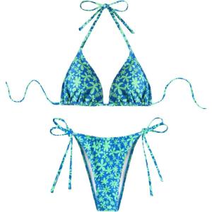 image:imageMakeMeChic Womens Polka Dots Triangle Thong Bikini Sets Floral Cute Bathing Suit SwimsuitsGreen Blue Floral