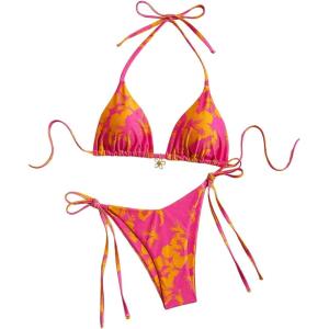 image:imageMakeMeChic Womens Polka Dots Triangle Thong Bikini Sets Floral Cute Bathing Suit SwimsuitsOrange Yellow