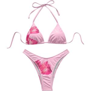 image:imageMakeMeChic Womens Polka Dots Triangle Thong Bikini Sets Floral Cute Bathing Suit SwimsuitsPink