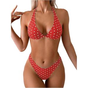 image:imageMakeMeChic Womens Polka Dots Triangle Thong Bikini Sets Floral Cute Bathing Suit SwimsuitsPolka Dots Red