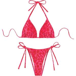 image:imageMakeMeChic Womens Polka Dots Triangle Thong Bikini Sets Floral Cute Bathing Suit SwimsuitsRed Pink Floral