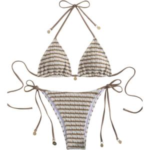image:imageMakeMeChic Womens Polka Dots Triangle Thong Bikini Sets Floral Cute Bathing Suit SwimsuitsStriped Mocha Brown