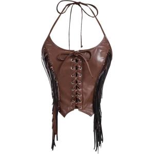 image:imageMakeMeChic Womens Western Fringe PU Leather Halter Corset Top Cowgirl Lace Up Tie Back Rave Festival TopsBrown