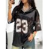 image:imageMakeMeChic Womens Floral Lace Jersey Tops Graphic V Neck 34 Sleeve Oversized Y2k Tee ShirtBlack