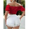 image:imageMakeMeChic Womens Off The Shoulder Puff Sleeve Crop Tops Tie Front Frill Trim Shirred BlouseRed