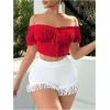 image:imageMakeMeChic Womens Off The Shoulder Puff Sleeve Crop Tops Tie Front Frill Trim Shirred BlouseRed