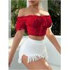 image:imageMakeMeChic Womens Off The Shoulder Puff Sleeve Crop Tops Tie Front Frill Trim Shirred BlouseRed