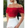 image:imageMakeMeChic Womens Off The Shoulder Puff Sleeve Crop Tops Tie Front Frill Trim Shirred BlouseRed