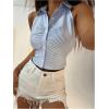 image:imageMakeMeChic Womens Sleeveless Striped Print Button Up Collared Neck Slim Tops Work Office Shirt Crop Tank TopsBlue