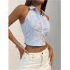 image:imageMakeMeChic Womens Sleeveless Striped Print Button Up Collared Neck Slim Tops Work Office Shirt Crop Tank TopsBlue