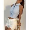image:imageMakeMeChic Womens Sleeveless Striped Print Button Up Collared Neck Slim Tops Work Office Shirt Crop Tank TopsBlue