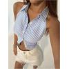 image:imageMakeMeChic Womens Sleeveless Striped Print Button Up Collared Neck Slim Tops Work Office Shirt Crop Tank TopsBlue