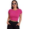 image:imageMakeMeChic Womens Cap Sleeve Round Neck Rib Knit Top T Shirt Slim Crop Tee Hot Pink M