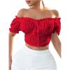 image:imageMakeMeChic Womens Off The Shoulder Puff Sleeve Crop Tops Tie Front Frill Trim Shirred BlouseRed