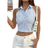 image:imageMakeMeChic Womens Sleeveless Striped Print Button Up Collared Neck Slim Tops Work Office Shirt Crop Tank TopsBlue