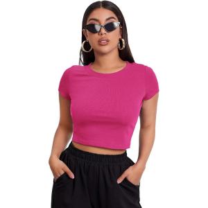 image:imageMakeMeChic Womens Cap Sleeve Round Neck Rib Knit Top T Shirt Slim Crop Tee Hot Pink M