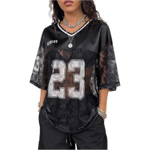 image:imageMakeMeChic Womens Floral Lace Jersey Tops Graphic V Neck 34 Sleeve Oversized Y2k Tee ShirtBlack