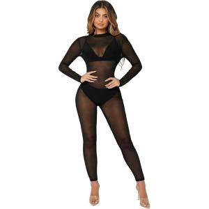 image:imageMakeMeChic Womens Long Sleeve Cut Out Back Sheer Mesh Skinny Jumpsuit Black S