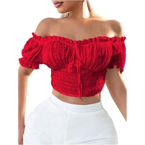 image:imageMakeMeChic Womens Off The Shoulder Puff Sleeve Crop Tops Tie Front Frill Trim Shirred BlouseRed