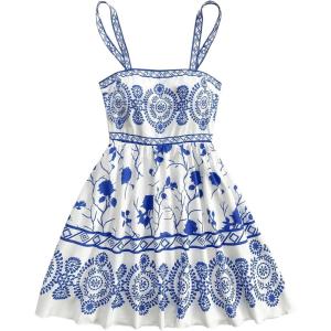 image:imageMakeMeChic Womens Summer Tribal Print Cami Dress Sleeveless A Line Flare Mini Dresses Boho SundressBlue and White