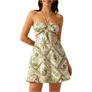 image:imageMakeMeChic Womens Summer Tropical Print Mini Dress Sundress 2025 Halter Backless Cut Out Short DressesMulticolor