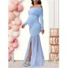 image:imageMakeMeChic Womens Off Shoulder Maternity Dress Long Sleeve Elegant Slim Gowns Photography Baby Shower Maxi DressBlue