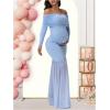 image:imageMakeMeChic Womens Off Shoulder Maternity Dress Long Sleeve Elegant Slim Gowns Photography Baby Shower Maxi DressBlue