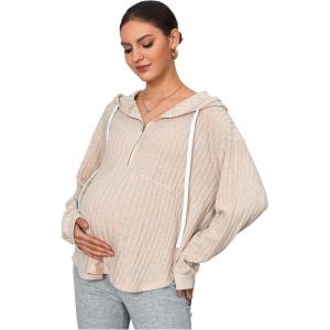image:imageMakeMeChic Womens Maternity Hoodie Drawstring Half Zip Long Sleeve Tops Pregnancy SweatshirtKhaki